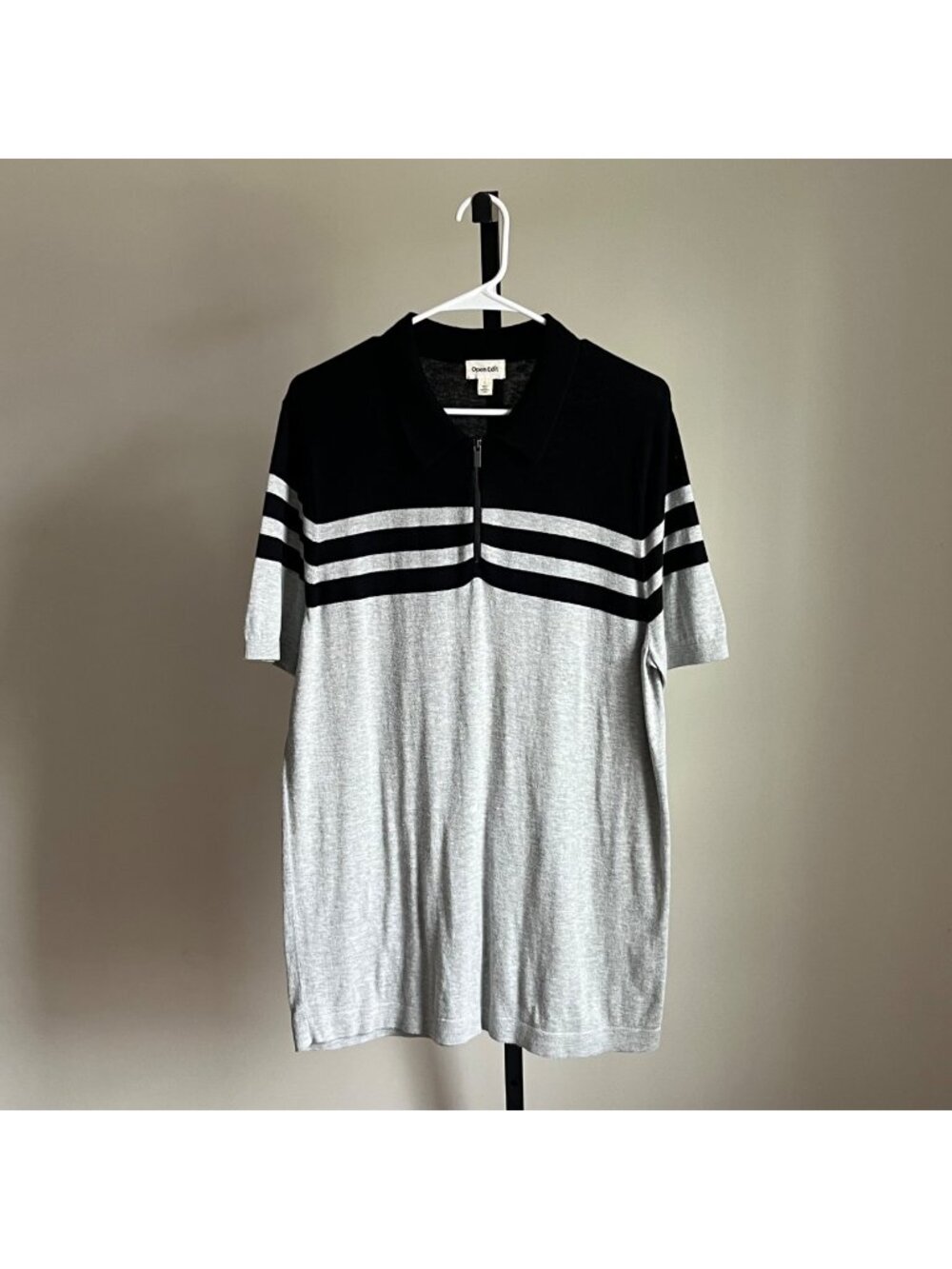 Open Edit Front Zip Knit Short Sleeve Polo in Grey / Black Size L